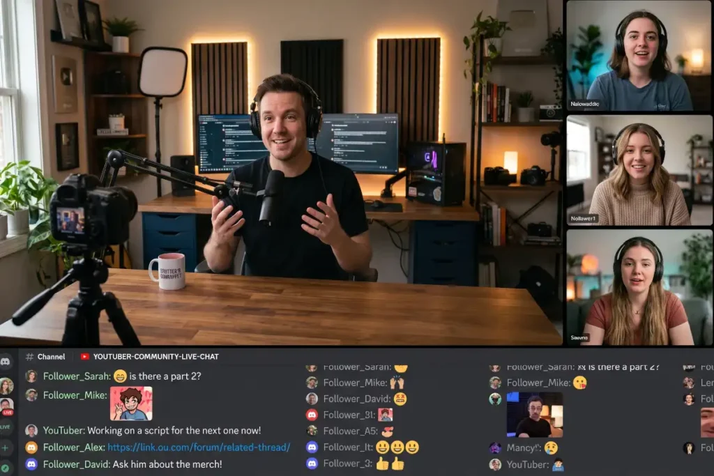 Split-screen display showing a live Discord video call between a male YouTube creator and three followers participating simultaneously on screen.