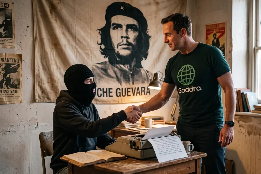 ale GODDRA executive in professional attire shaking hands with a journalist