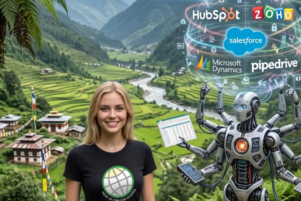 Smiling female hiker standing in a mountain fern forest overlooking a valley, while a male AI cyborg beside her manages glowing holographic CRM icons and data workflows.