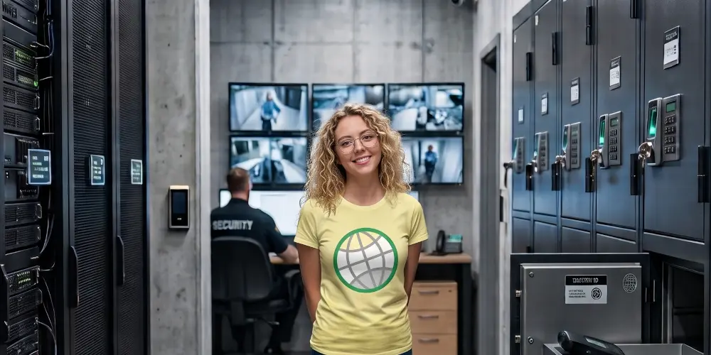 A female cybersecurity specialist standing inside a brightly lit, high-security data vault corridor lined with reinforced server racks and encrypted backup storage units.