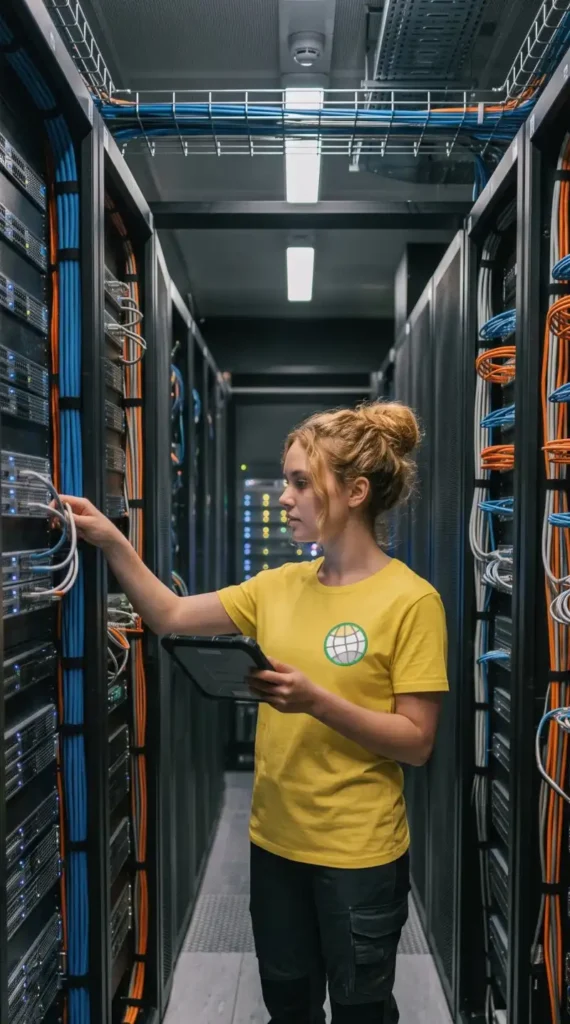 A focused, high-detail photograph of a GODDRA cyber security technician inspecting glowing server racks inside a dimly lit modern data center. The technician holds a sleek diagnostic tablet displaying live threat-monitoring telemetry, surrounded by neatly organized Ethernet cables.