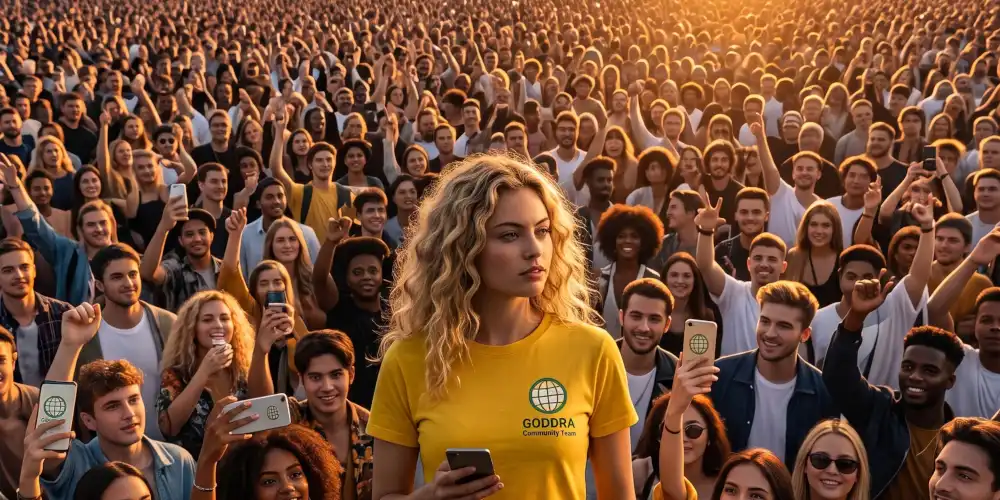 Female creator figure standing with back slightly to camera on a platform overlooking an immense, dense crowd of cheering fans extending to the horizon under daylight.