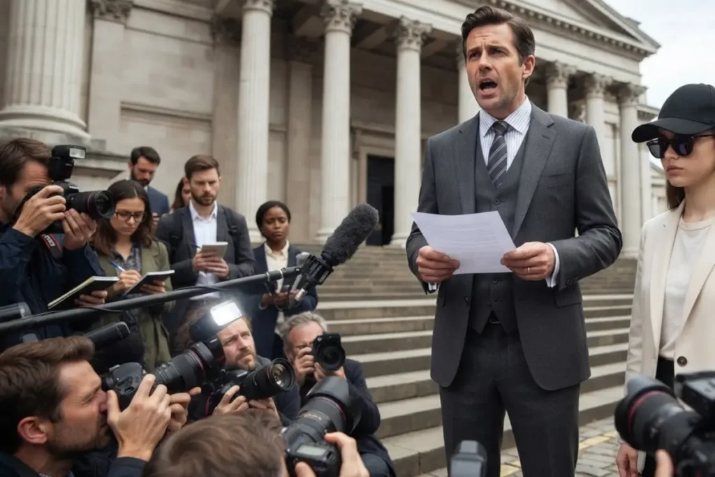 PR representative speaking into a bank of press microphones and reading a written statement from a podium, surrounded by photographers and flashing camera lights.
