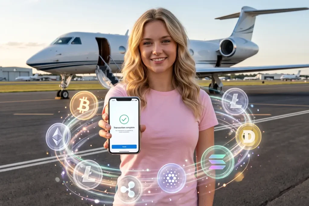 Woman standing on an airport runway in front of a private jet, holding up a smartphone