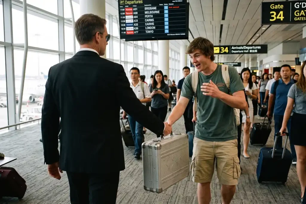 GODDRA executive in formal business attire handing a briefcase to a young backpacker.