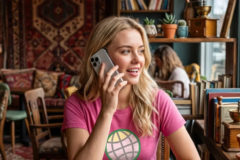 Female GODDRA account manager sitting at a wooden table inside a brightly lit coffee shop, holding a smartphone to her ear and smiling as she addresses a client inquiry.