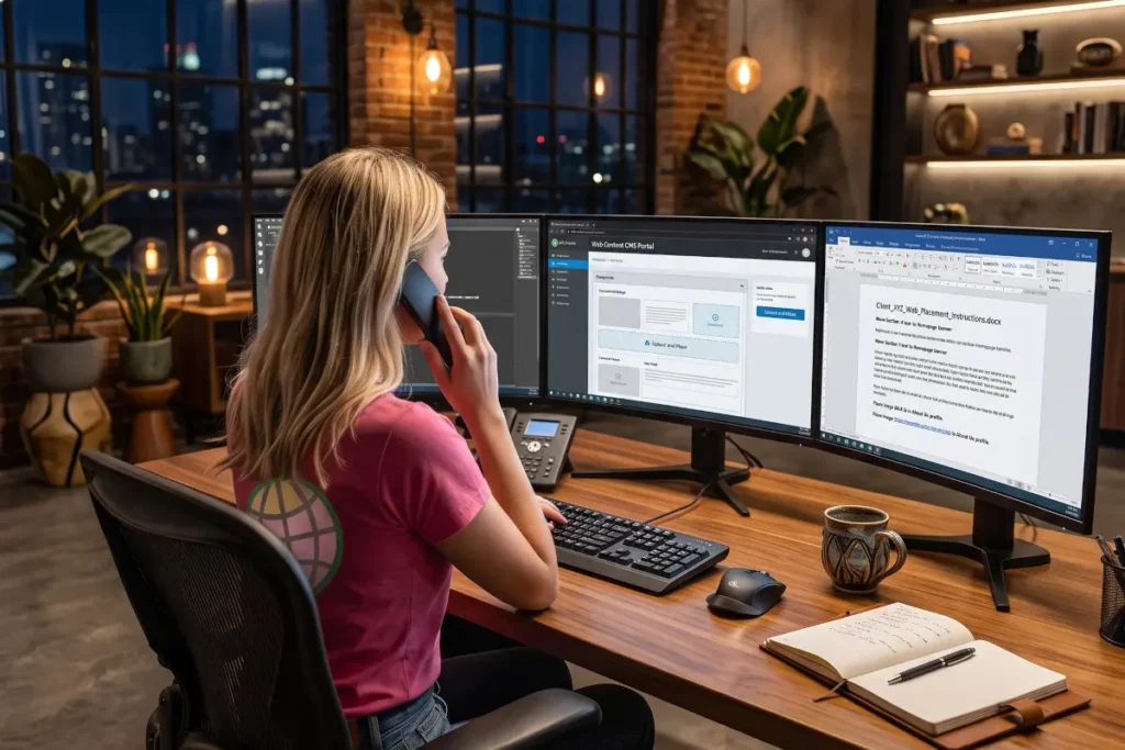 Rear view of a female account manager sitting alone in a modern office at night, speaking on a landline desk phone while managing multiple monitors displaying a text document and a website content management upload portal.