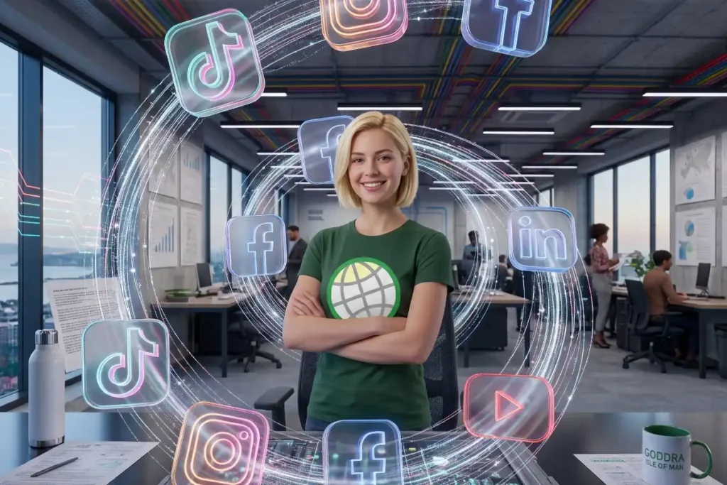Smiling woman standing with folded arms in a modern office, surrounded by glowing translucent social media icons floating around her.