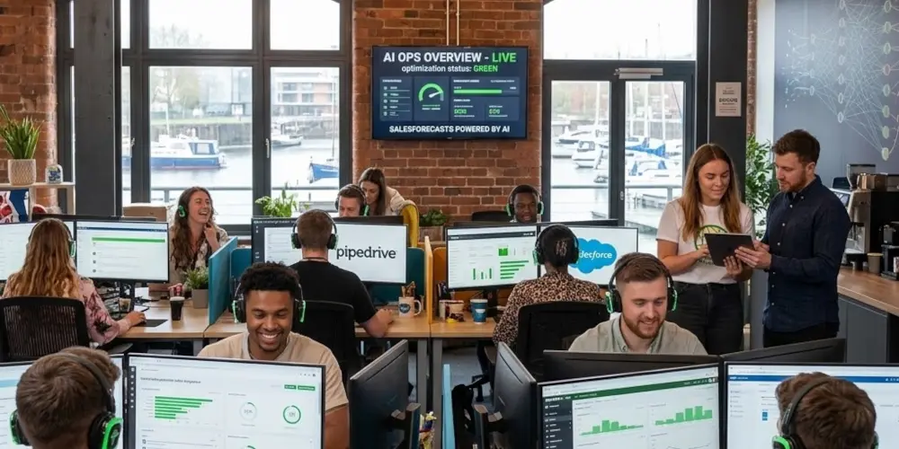 A panoramic view of a busy, modern open-plan call centre in Bristol, with agents using Pipedrive and Salesforce CRM platforms.