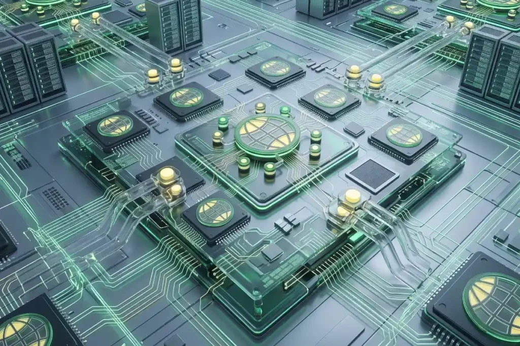 High-angle macro photograph of an intricate, multi-layered circuit board illuminated by glowing emerald-green trace lines. Central processing chips and surrounding micro-components feature raised green and gold circular GODDRA globe logos. Transparent conduits with gold nodes bridge the central processor to miniature server rack arrays positioned around the perimeter, creating a futuristic, hyper-connected hardware landscape.