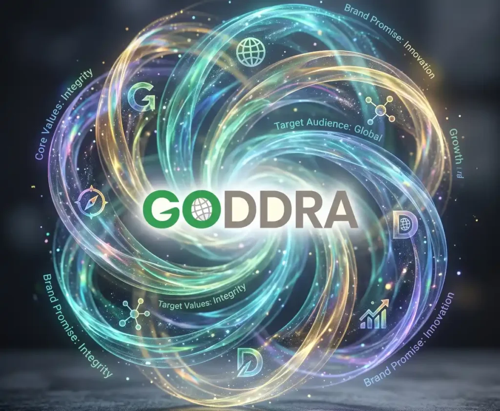 Centered intricate corporate logo composed of glowing blue and gold filaments forming a stylized ‘GODDRA’ , surrounded by a complex vortex of translucent, magical swirling energy trails, light particles, and integrated brand elements.