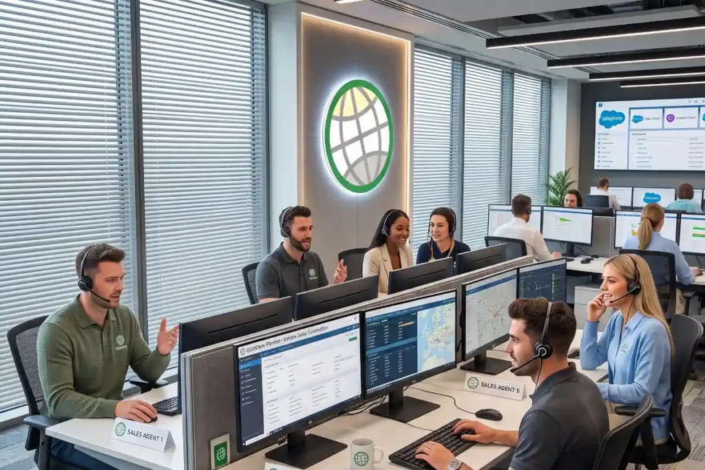 Half a dozen sales representatives wearing headsets seated at a long desk inside a modern GODDRA office, smiling and conducting client calls.