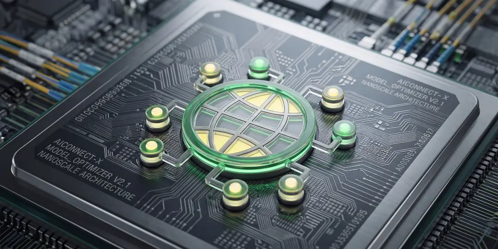 Conceptual macro photo of a futuristic AI superchip mounted on a circuit board, with the GODDRA globe logo embedded onto the center die.