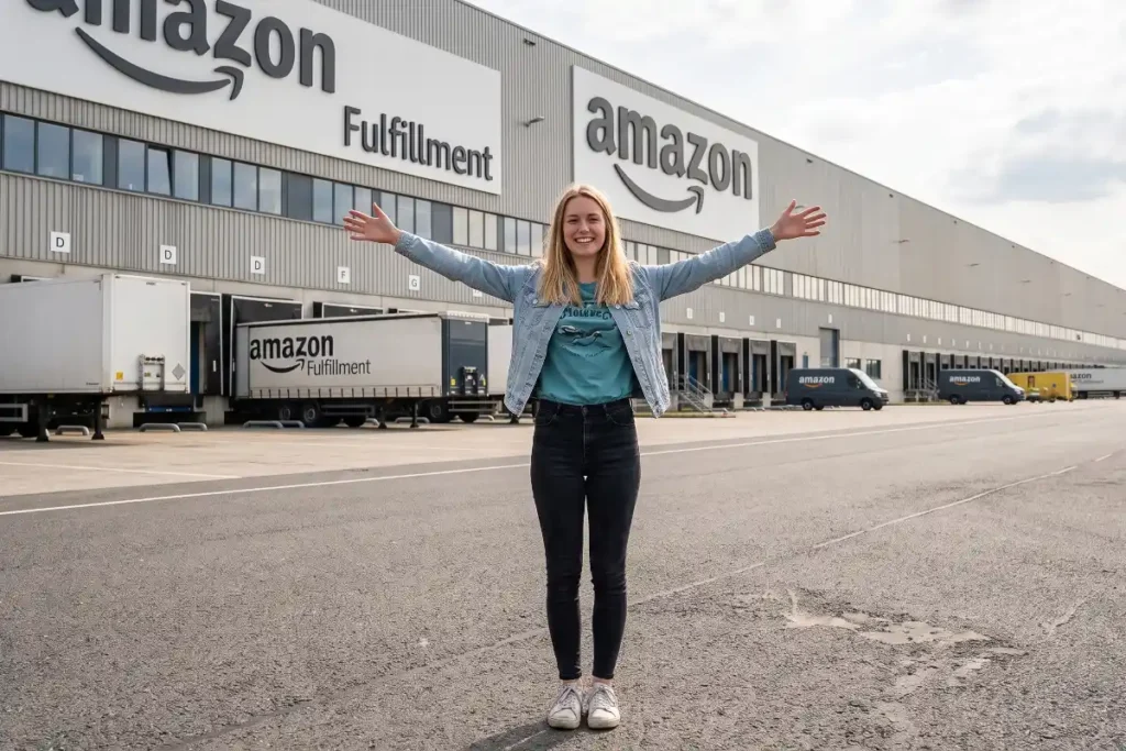 Blonde female GODDRA representative standing with arms outstretched in front of a massive Amazon fulfillment warehouse center.
