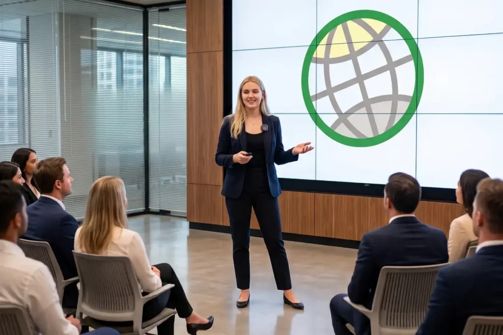GODDRA Exec marketing speaker standing on a stage inside a modern indoor conference room, presenting a marketing strategy talk to an audience.