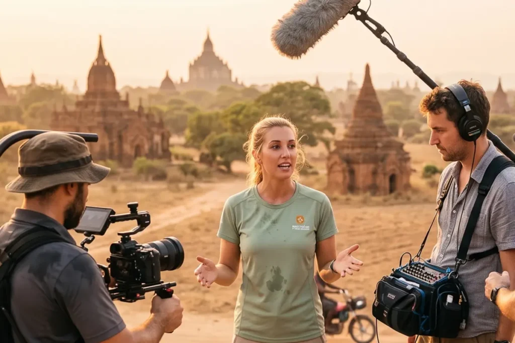 Female presenter filming a video segment with a cameraman and sound technician on location, with historic South East Asian temples in the background.