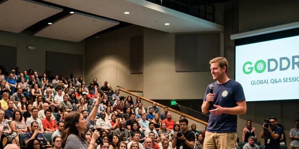 Photo of a GODDRA executive standing on stage under spotlighting in a filled auditorium, holding a microphone during an interactive Q&A session.