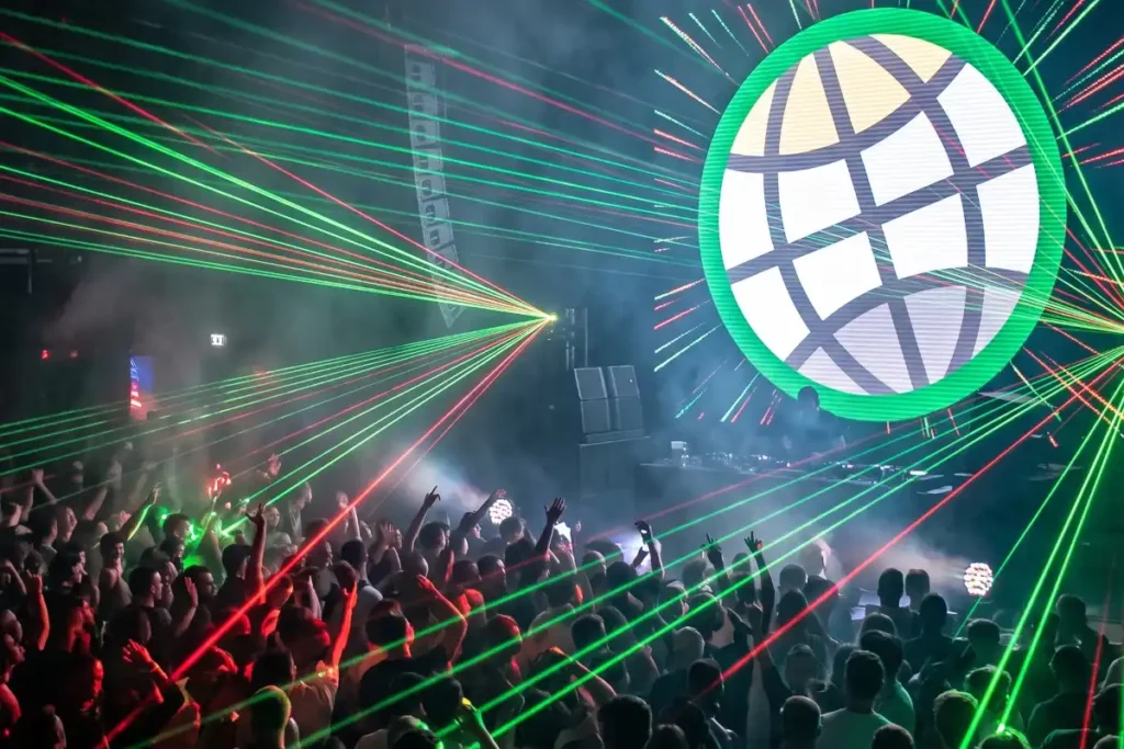 A wide-angle landscape photograph captured inside a crowded, dark nightclub. Thousands of silhouetted and motion-blurred people are dancing on the floor, their hands raised in the air, creating a dense field of human energy in the foreground. The air is thick with smoke and haze, which catches the dramatic light from a complex, crisscrossing matrix of red and green laser beams. These sharp beams of light stretch across the entire space from the stage area, cutting through the fog. The focal point of the image is the massive, floor-to-ceiling LED screen structure on the far stage behind the DJ booth. The screen prominently displays the specific global communication icon from the reference image, rendered in glowing, illuminated green, white, and pale yellow light. The icon itself is clear and distinct, featuring the large green outer circle and the inner globe grid pattern. Additional laser light reflects off the edges of the screen, creating a dynamic halo effect. The stage area also features stacked speaker systems and DJ equipment, partially visible and bathed in the coloured light. The atmosphere is powerful and energetic, defined by the raw crowd noise and the overwhelming visual effects of light in darkness. The photo has a grainy texture and authentic, handheld feel.