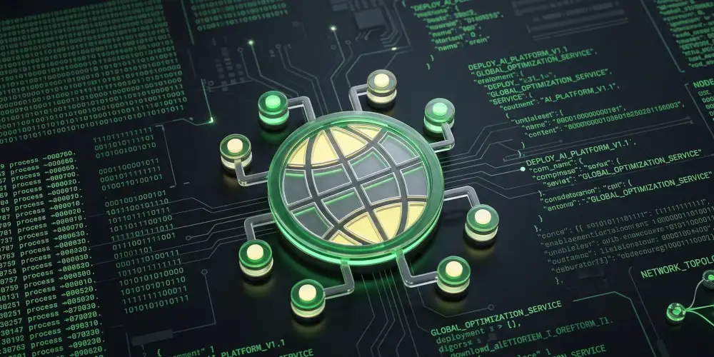 Circular green, grey, yellow, and white GODDRA icon positioned centrally with eight stylized wiring conduits extending outward, set against a dark background overlaid with glowing green lines of active technical code and deployment status data.