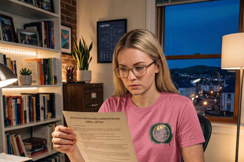 GODDRA female executive in business attire sitting at a desk reviewing a printed venture incubation joint venture application submitted by an applicant.