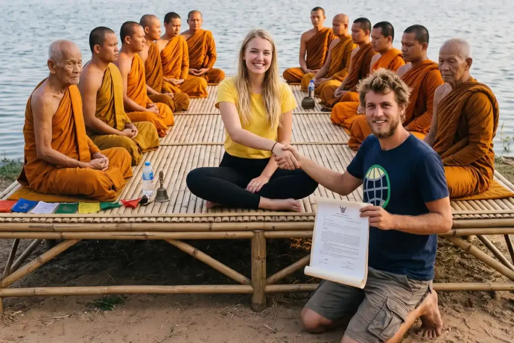 Female meditation instructor wearing a yellow t-shirt shaking hands with a male GODDRA executive dressed in backpacker travel apparel, who is holding a signed paper partnership contract outdoors in Thailand.