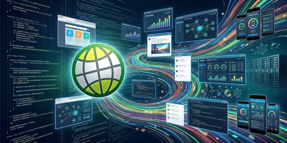 GODDRA green globe emblem emerging from glowing digital code, surrounded by floating web application dashboards and mobile UI screens in a 2:1 panoramic format.