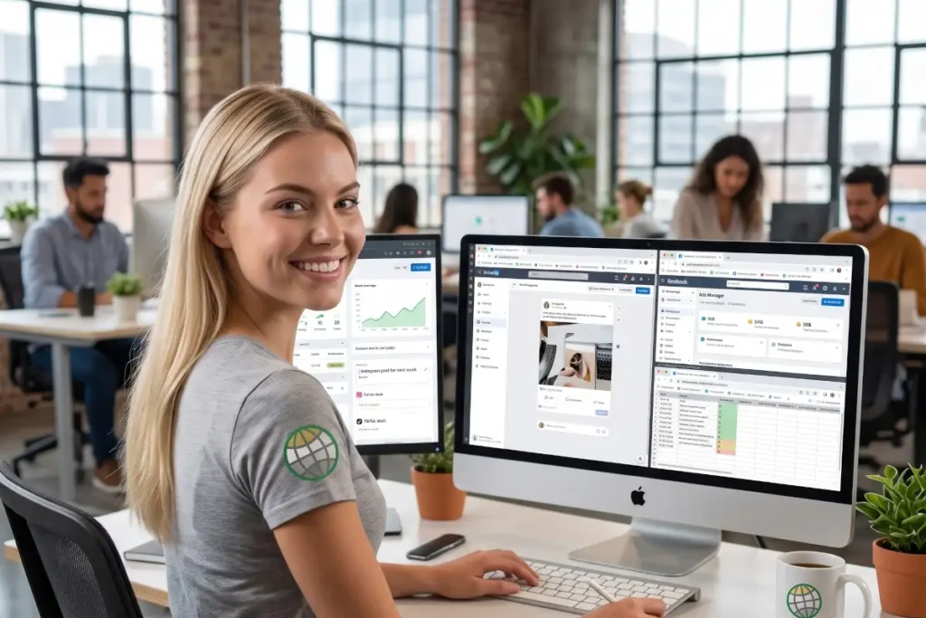 Female social media account manager sitting at her computer desk, turning away from her screen showing post creation tools to smile at the camera.
