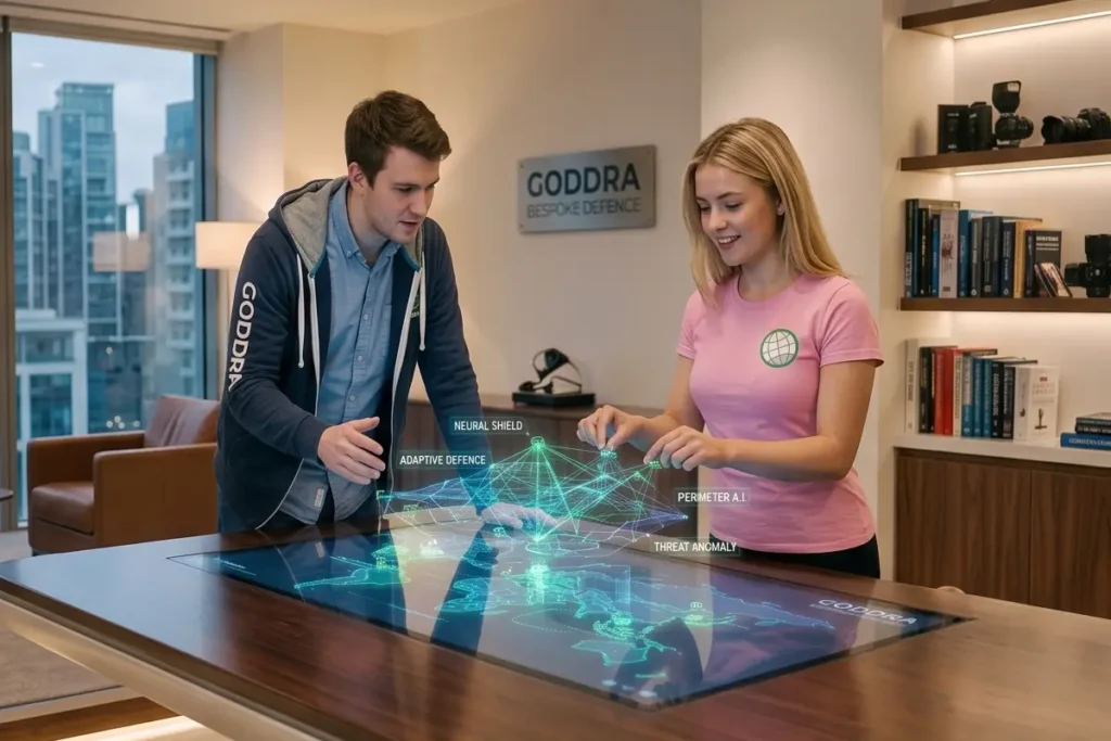 GODDRA employees interacting with dynamic holographic digital interface elements and data visualisations.