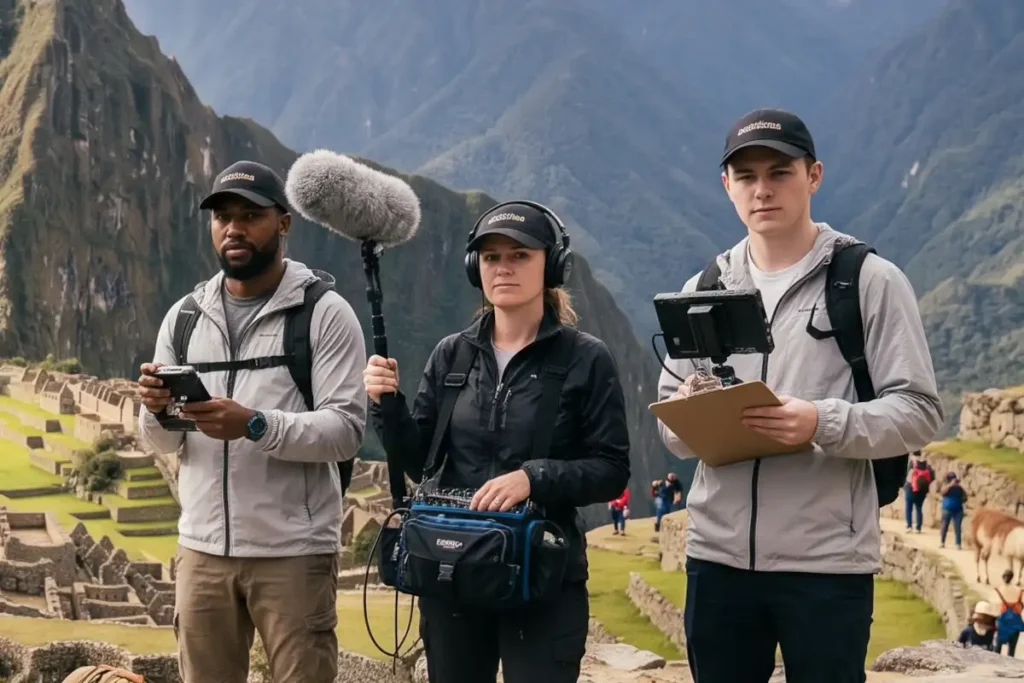 Three film crew members—a female flanked by two men holding professional video recording equipment—standing on location in a mountainous South American landscape.
