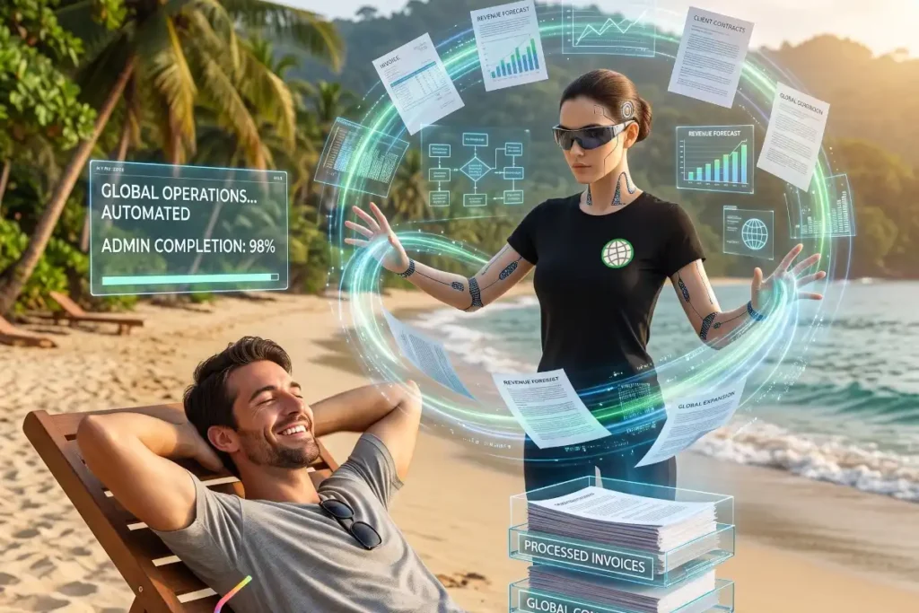an relaxing on a beach sun-lounger with a cocktail while a female cyborg beside him uses glowing telekinetic energy to sort floating business paperwork.