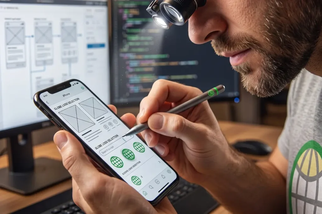 Extreme close-up of a male developer wearing an eye loupe magnifier, using a stylus pen on a smartphone screen to inspect a mobile application interface.
