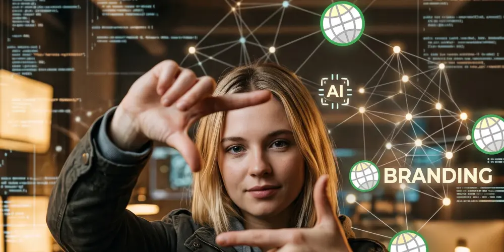 Young woman making an L-frame hand gesture in front of code screens and glowing AI branding icons.