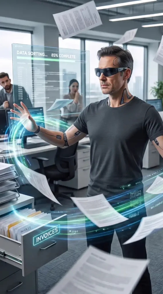 Futuristic human-cyborg hybrid in office, effortlessly managing dozens of floating digital task panels, analytics dashboards, and AI workloads simultaneously. The visual serves as a tongue-in-cheek metaphor on the GODDRA AI Optimisation page for hyper-efficient automated workflows.