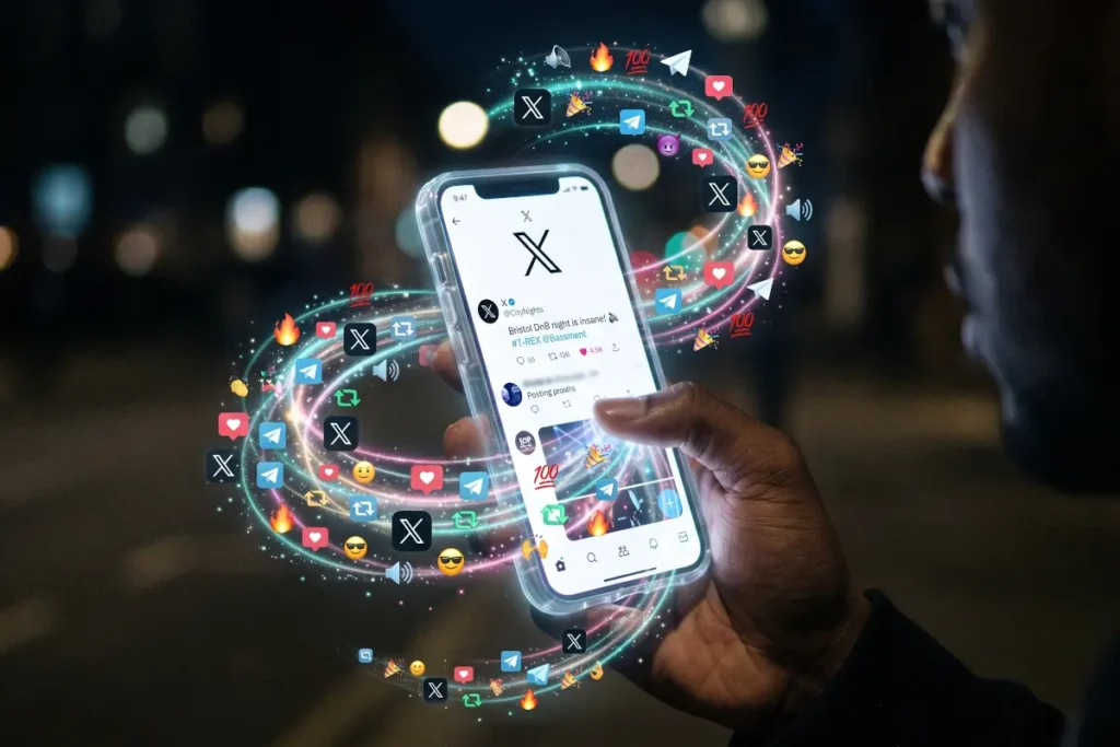 Close-up shot of an Apple iPhone held against a dark background, displaying the X social media app on screen with translucent magical swirls, social media platform logos, like counts, and emojis floating outward.
