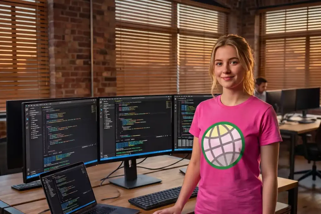 Software developer smiling at the camera in a modern office at sunset, seated in front of illuminated monitors showing web application and portal codebase.