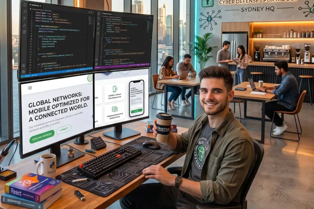 Young male developer holding a coffee mug and smiling at the camera at his desk in a modern office, with monitors displaying frontend design and backend code for a mobile-optimised website.
