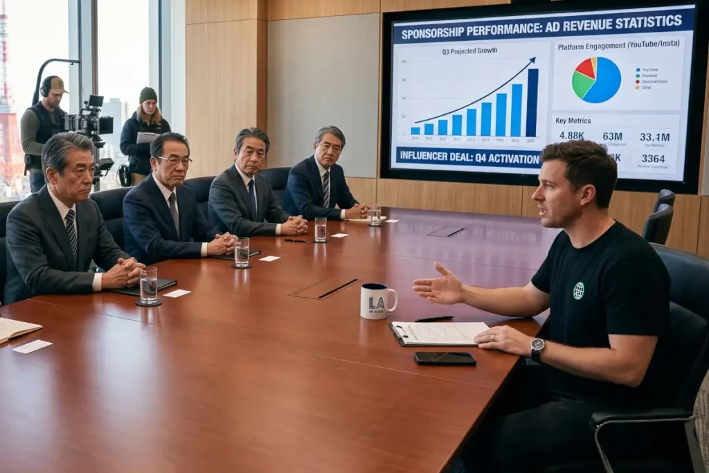 GODDRA account manager sitting beside a digital presentation display in a Tokyo corporate boardroom, conducting a sponsorship deal negotiation with Japanese business executives seated around a conference table.