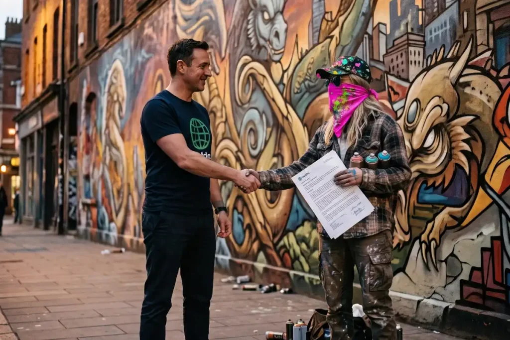 GODDRA executive shaking hands with a female visual artist who is holding a signed contract.
