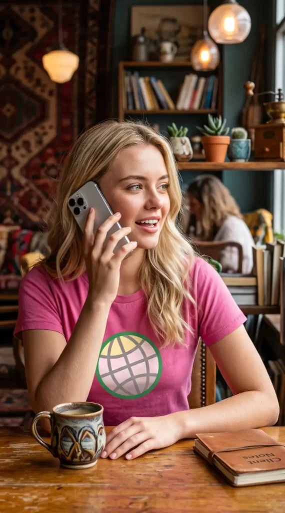 Female GODDRA account manager seated at a wooden table in a brightly lit modern coffee shop. She is holding a dark grey smartphone to her ear, smiling as she engages in a conversation with a prospective client.