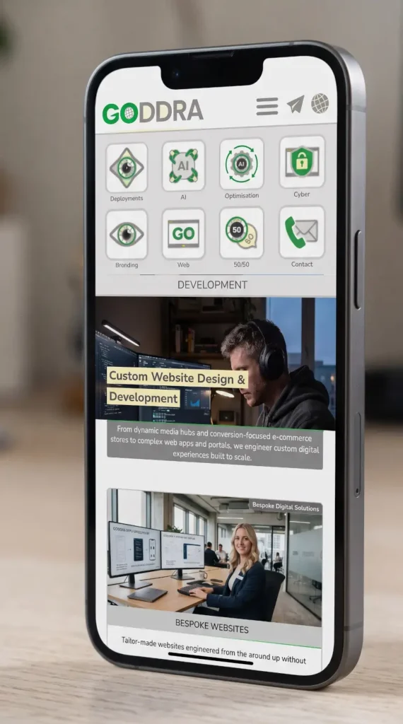 A sleek, close-up photograph of a contemporary silver smartphone, likely an iPhone, standing upright on a polished marble desk. The phone's large screen is brightly lit, showcasing a full, scrollable page of the GODDRA brand, a 'Digital Solutions Agency.' The screen is clearly sectioned: at the top, a grid of distinct icons and labels for services including 'Deployments, AI, Optimisation, Cyber, Branding, Web, 50/50, and Contact,' followed by the title 'DEVELOPMENT.' Below this, an image of a male developer with headphones is overlaid with text reading 'Custom Website Design & Development,' followed by a text block describing 'dynamic media hubs, conversion-focused e-commerce stores, and complex web apps.' At the bottom, another image shows a female developer in an office, with a header 'BESPOKE WEBSITES' and a text snippet about 'Tailor-made websites engineered from the ground up without templates.' The screen's glow reflects subtly on the marble, with a blurred office environment in the background.
