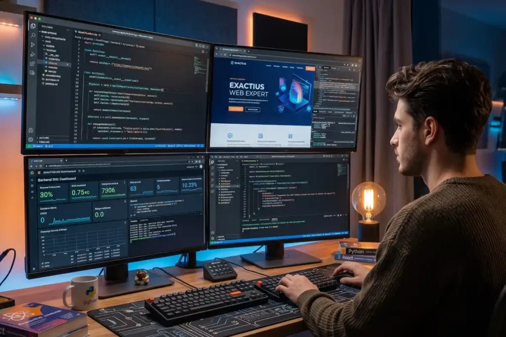 Male software developer working at night in a dimly lit private office, focused on writing code on illuminated desktop monitors.