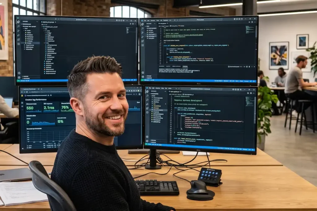 Male lead software engineer smiling at the camera from his desk in a modern UK office, surrounded by multiple monitors displaying Python code.